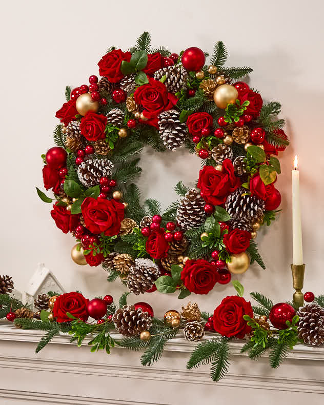 Red Rose Wreath and Garland with Baubles