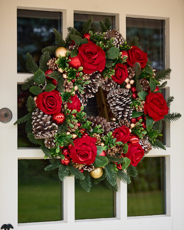 Red & Gold & Green Foam & Faux Flowers & Faux Leaves Wreaths - Rose Bouquet Wreath
