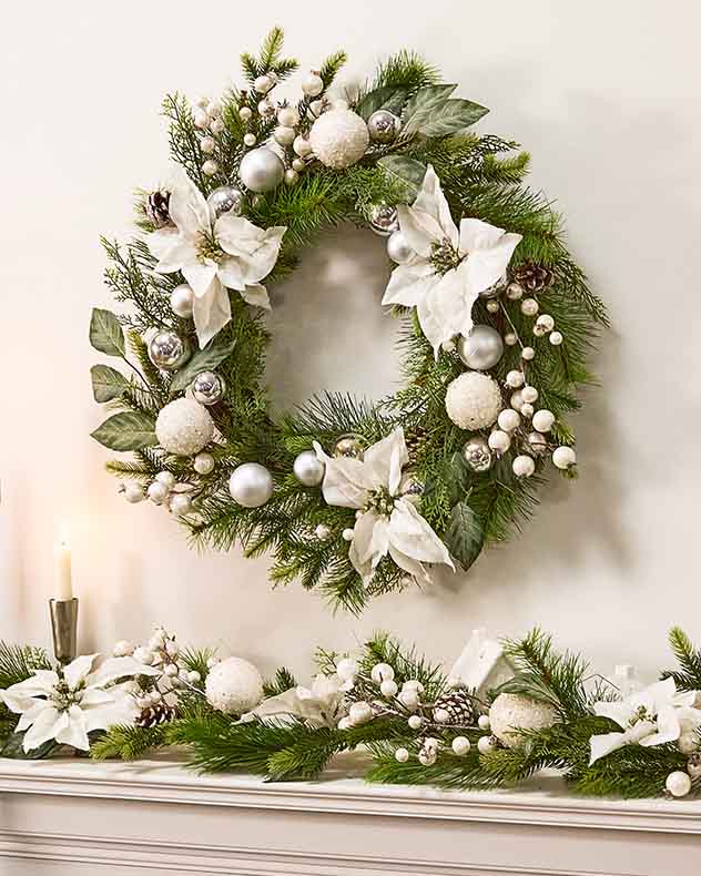 White Poinsettia Wreath and Garland