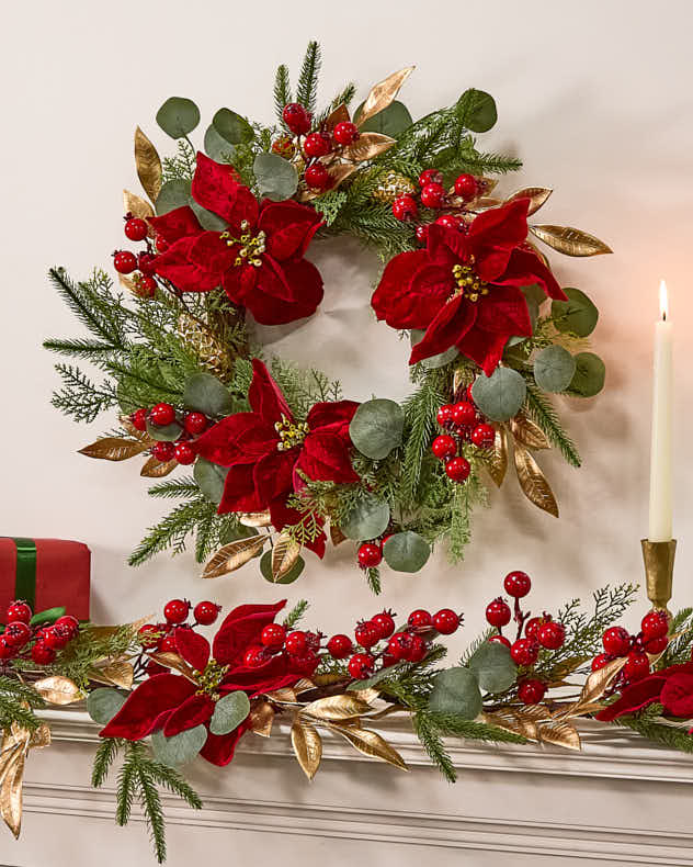 Red Poinsettia Wreath and Garland