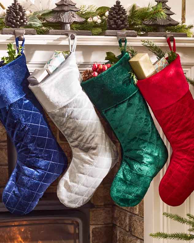 Blue Red & Gold Velvet Stockings - Quilted Velvet Stocking Collection