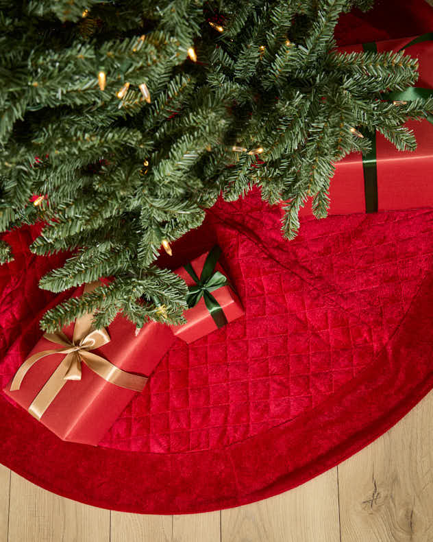 48" Red Poly blend fabric Tree Skirts - Red Velvet Quilted Tree Skirt