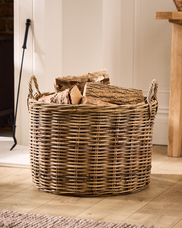 Grey Rattan Log Basket with Handles