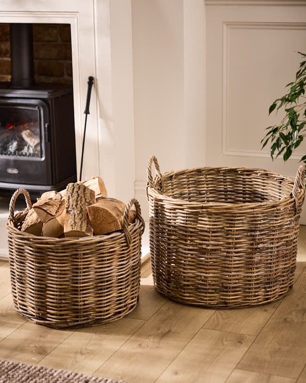 Large Grey Wicker Log & Coal Storage - Grey Rattan Log Basket with Handles