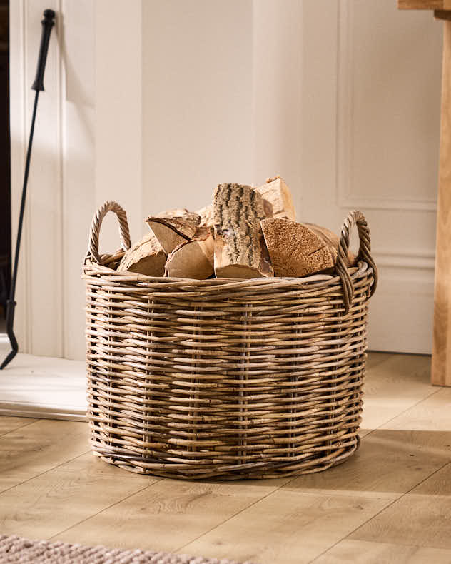 Grey Rattan Log Basket with Handles