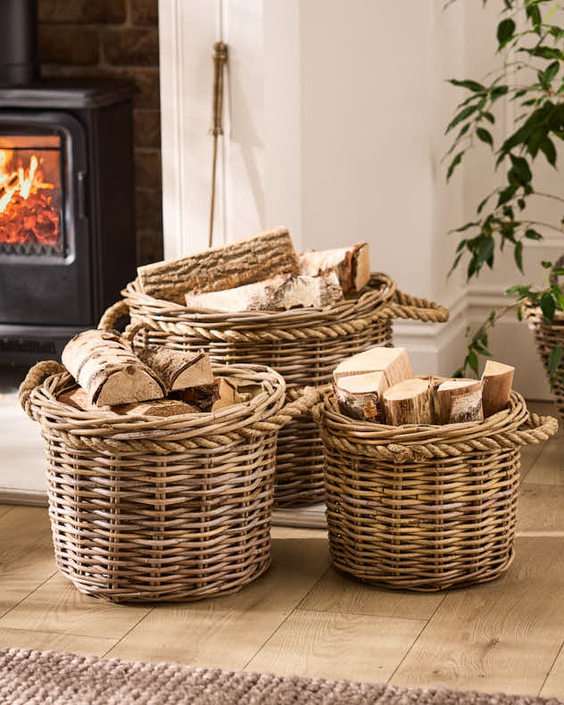 Large Wicker Fire Log Baskets - Wicker Log Basket with Rope Handles
