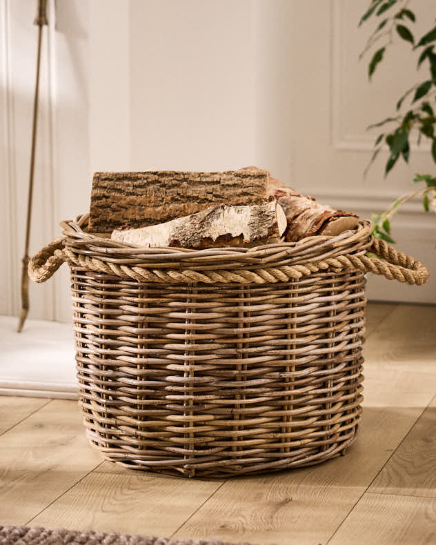 Wicker Log Basket with Rope Handles