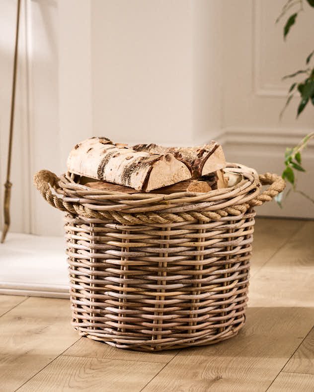 Fire Log Baskets Small - Wicker Log Basket with Rope Handles