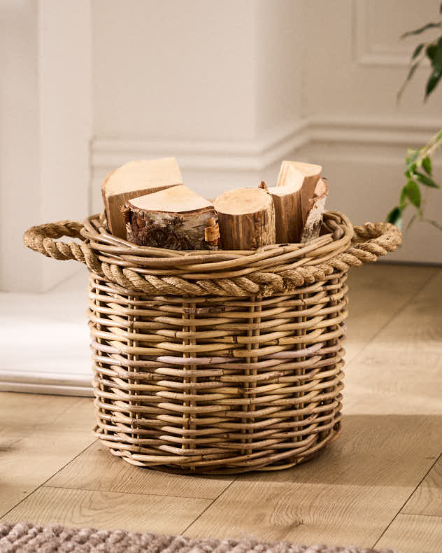 Wicker Log Basket with Rope Handles