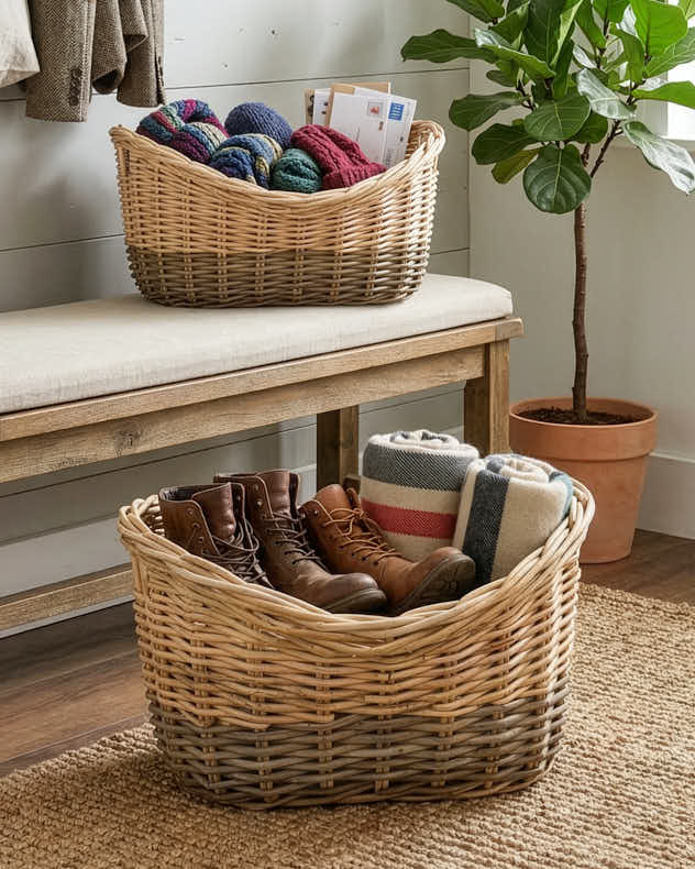 Medium Natural & Black Wicker Storage Baskets - Two Tone Wicker Storage Basket