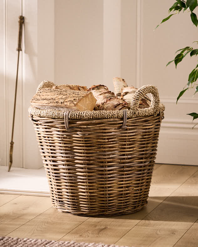 With lining Natural Rattan & Seagrass Log & Coal Storage - Natural Rattan and Seagrass Log Basket