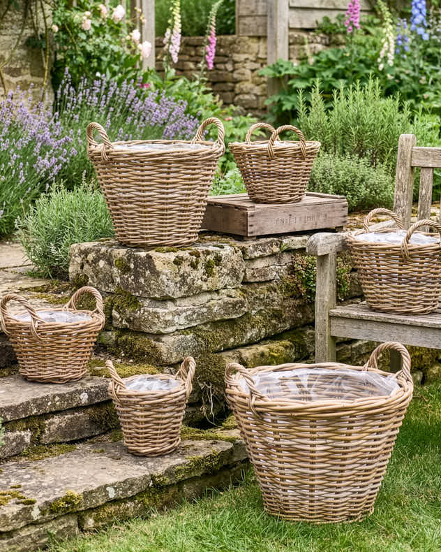 Lined Wicker Planter Baskets with Handles