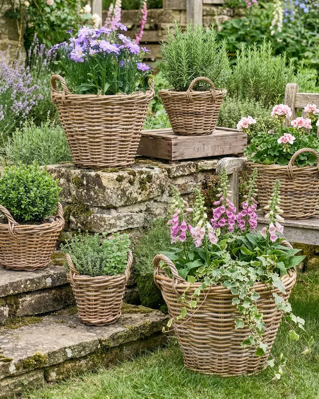 XXS Natural Rattan &amp; Plastic Planter Basket - Lined Wicker Planter Baskets with Handles