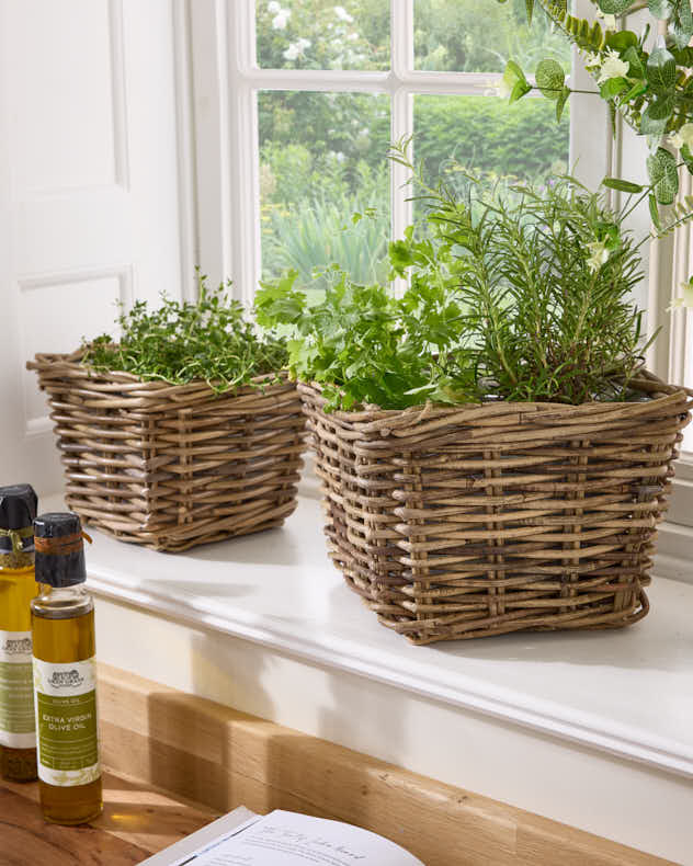 XS Natural Rattan & Plastic Pots & Planters - Square Lined Herb Planter Baskets