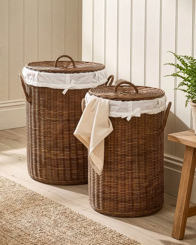 Medium Natural & White Rattan & Cotton Laundry Hampers & Baskets - Aden Rattan Laundry Basket