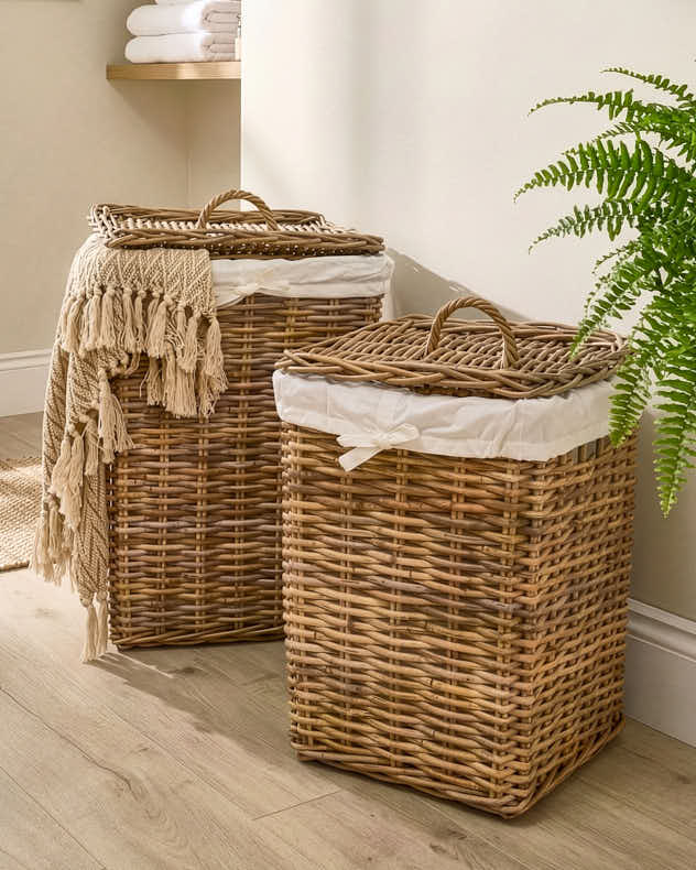 Medium Natural & White Rattan & Cotton Laundry Hampers & Baskets - Faya Square Rattan Laundry Basket