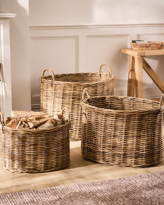 L Natural Wicker Log &amp; Coal Storage - Azara Premium Oval Log Basket
