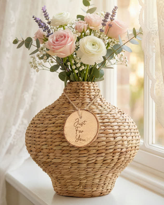 Natural & Brown Bulrush Gifting - Personalised Woven Bulrush Vase Gift