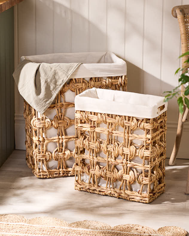 Medium Natural Water Hyacinth & Cotton Laundry Hampers & Baskets - Lakelyn Water Hyacinth Lined Basket