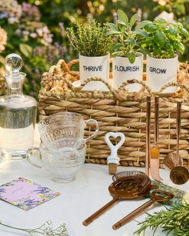 Natural & White & Copper Water Hyacinth & Metal & Ceramic & Glass & Recycled Iron and Cork Gift Sets - Gin Cocktail Gift Hamper