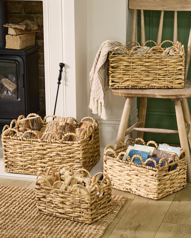 XS Natural Water Hyacinth Storage Baskets - Scalloped Fireside Storage Baskets
