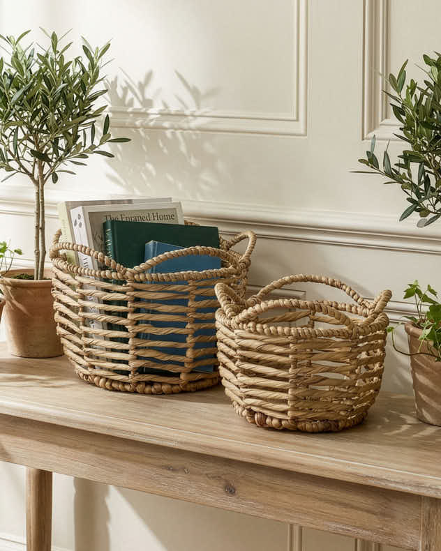 M Natural Water Hyacinth Baskets - Water Hyacinth Open Weave Scalloped Basket