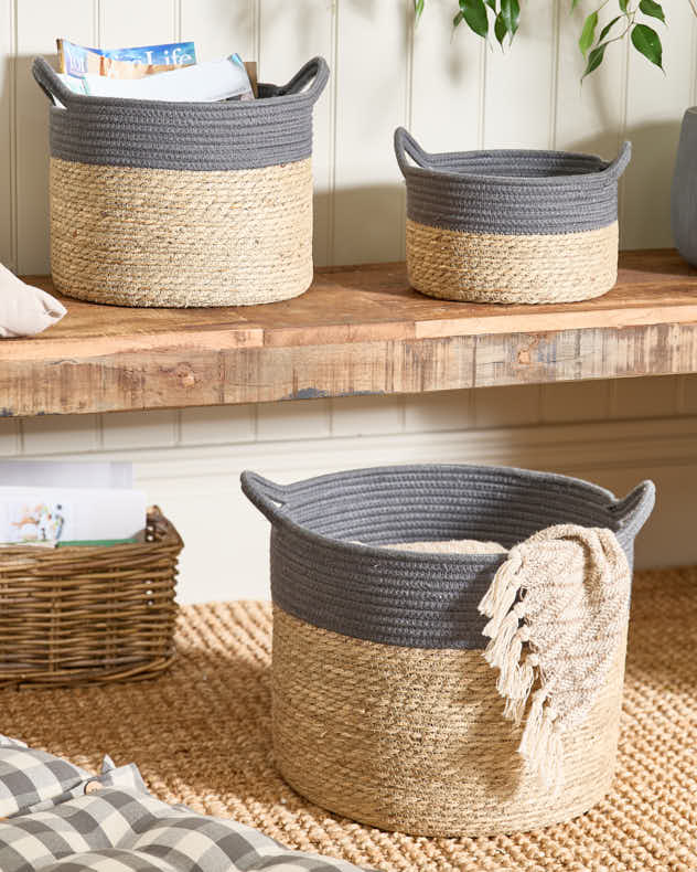 Small Natural & Grey Seagrass Baskets - Seagrass Grey Stripe Basket