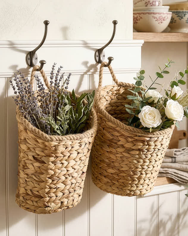 Medium Natural Water Hyacinth Wall Basket - Rope Finish Hyacinth Wall Baskets