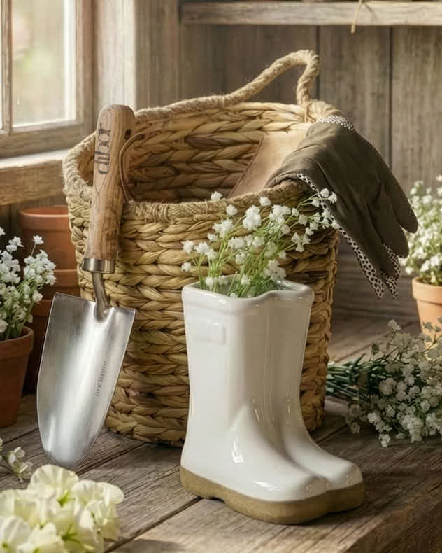 White &amp; Brown Wicker &amp; Wood &amp; Ceramic &amp; Cotton &amp; Metal Gifting - Plant Lover Gift Hamper