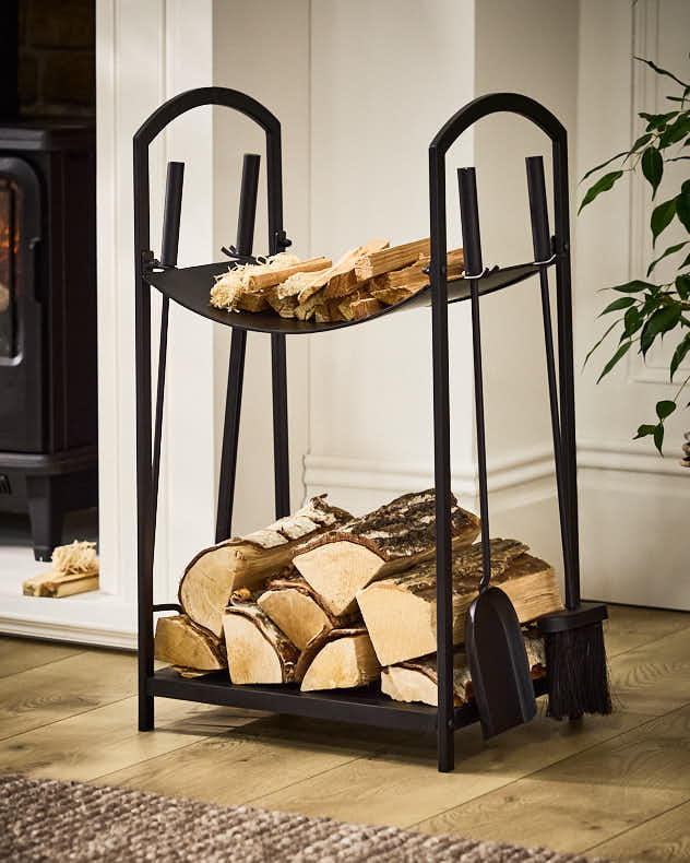 Black Recycled Iron Fire log Holders & Racks - Fire Tools Set with Log Storage