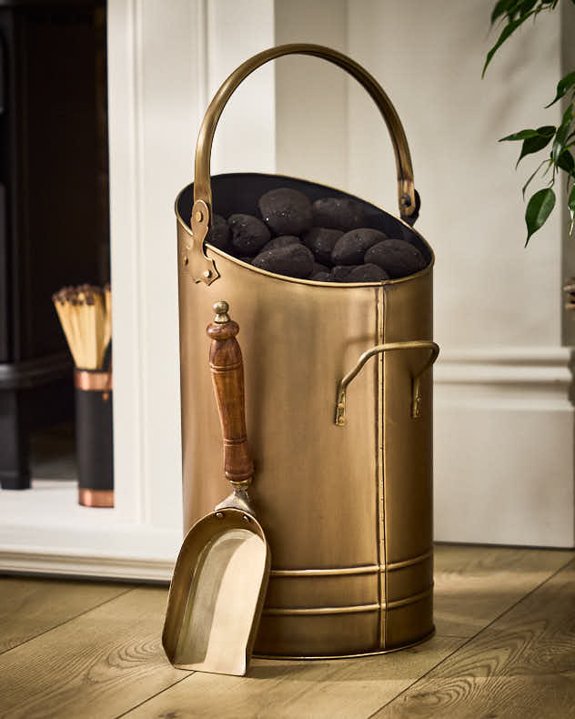 Antique Brass Coal Scuttle with Shovel