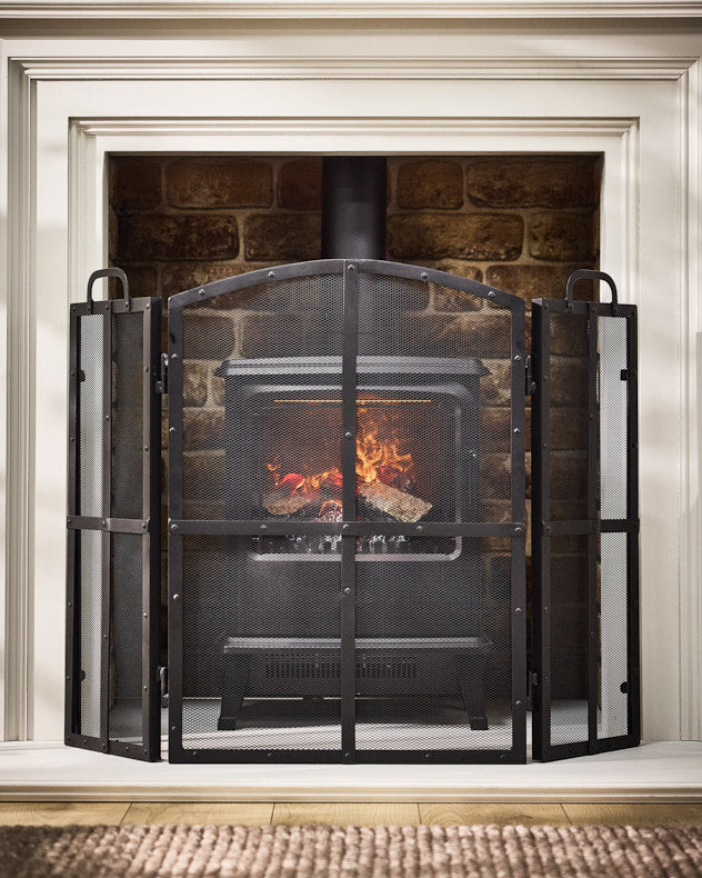 Black Recycled Iron Fire Screens & Guards - Window Pane Fire Guard with Handles