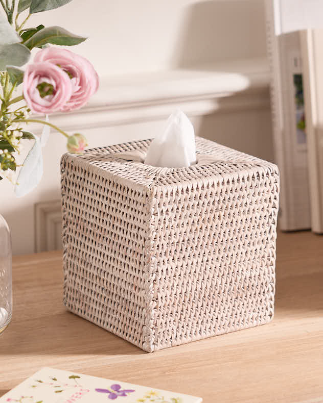 White Rattan Home Accessories - Square White Rattan Tissue Box Cover