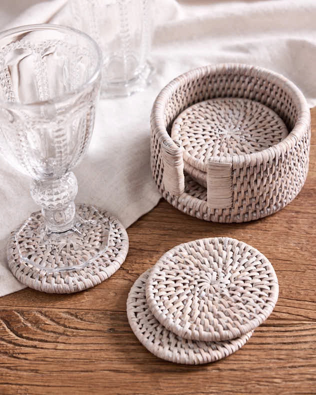 White Rattan Coasters in Holder