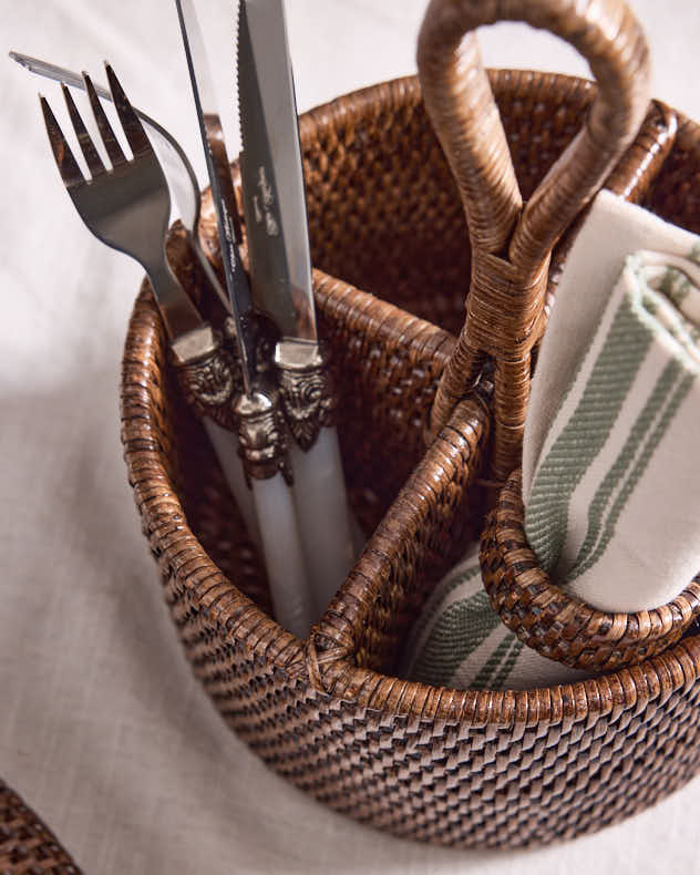 Premium Brown Rattan Cutlery Caddy