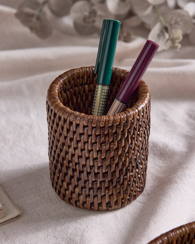 Premium Brown Rattan Pen Pot