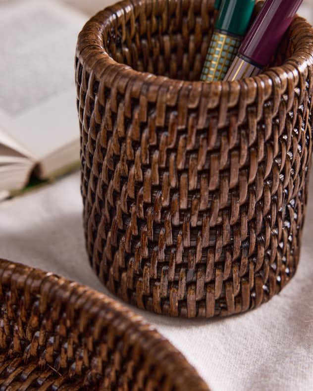 Premium Brown Rattan Pen Pot