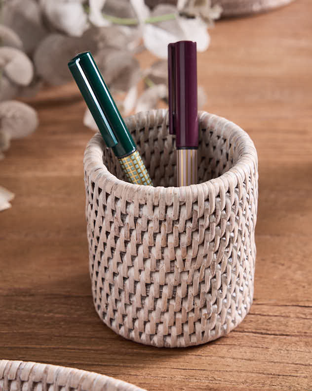 Premium White Rattan Pen Pot