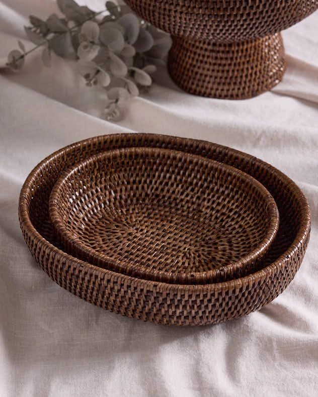 Set of 2 Natural Rattan Rounded Basket