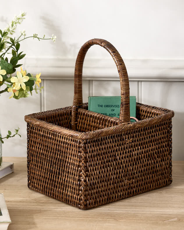 Two Compartment Rattan Storage Basket