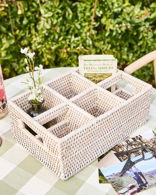 White Rattan Six Compartment Storage Caddy