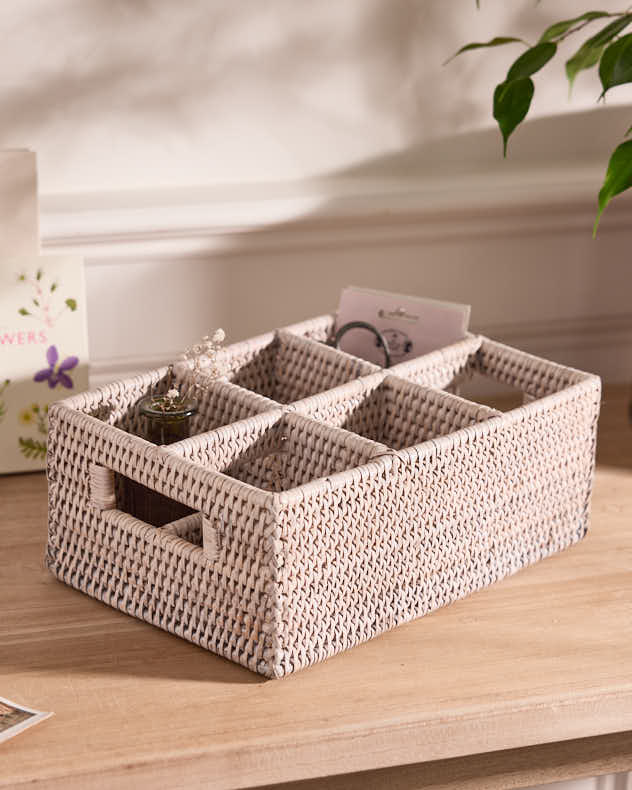 White Rattan Storage Baskets - White Rattan Six Compartment Storage Caddy