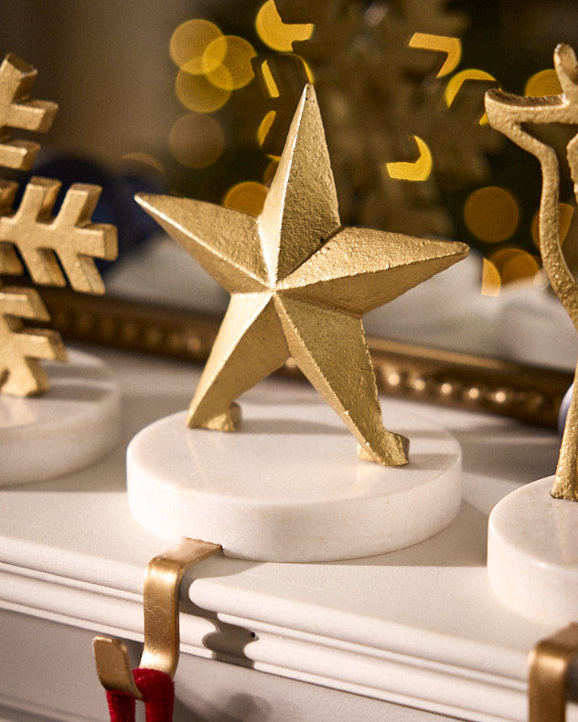 Gold & White Recycled Iron & Marble Stocking Holders - Marble & Gold Star Stocking Holder