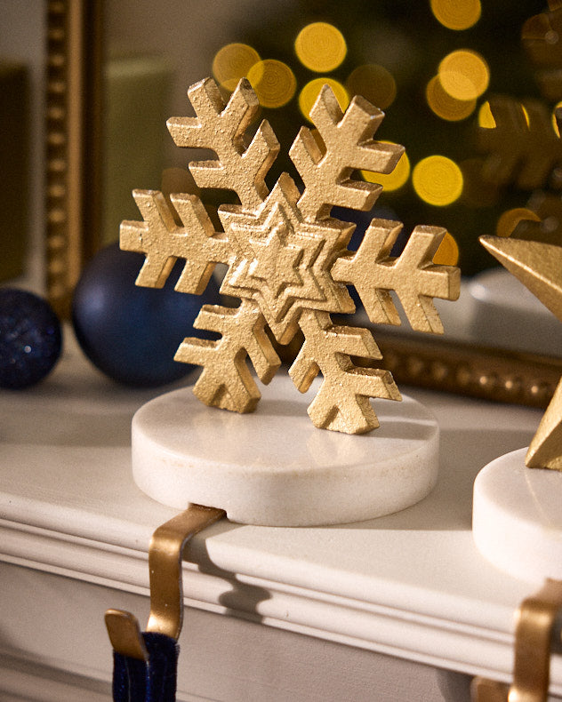 Gold & White Recycled Iron & Marble Stocking Holders - Marble & Gold Snowflake Stocking Holder