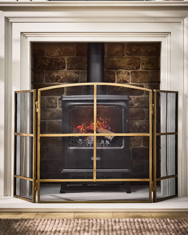Fire Screens &amp; Guards - Antique Brass Window Pane Fire Guard