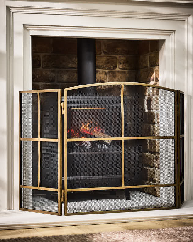 Bronze Recycled Iron Fire Screens & Guards - Antique Brass Window Pane Fire Guard