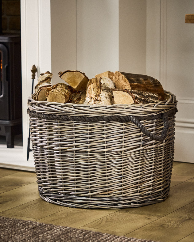 Natural & Grey Wicker Fire Log Baskets - Grande Woven Log Storage Basket