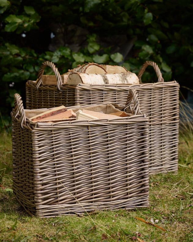Natural Wicker Log Racks & Carriers - Set of 2 Lined Wicker Log Baskets