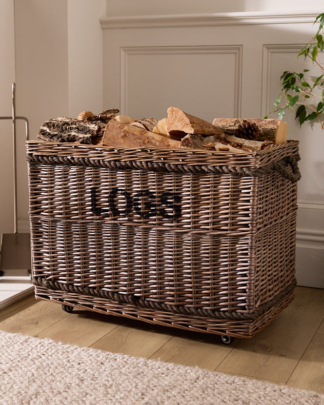 Natural Wicker Fire Log Baskets - Rope Handled Log Basket with Wheels
