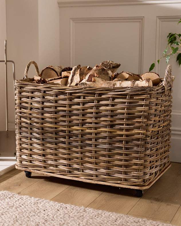 Large Wheeled Wicker Log Basket